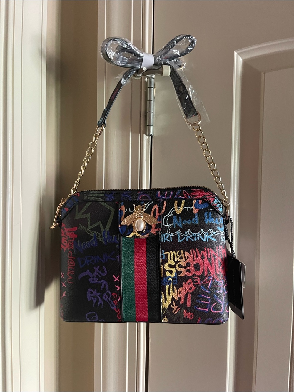 Women's Black Graffiti Print Shoulder Bag with Green-Red Stripe